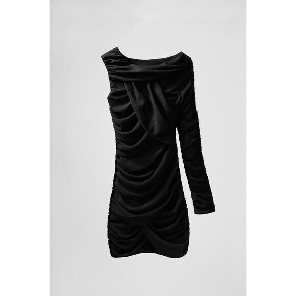 Zara Size XS Draped Ruched Sheath One Shoulder Dress Mini Black Long Sleeves - Picture 1 of 12